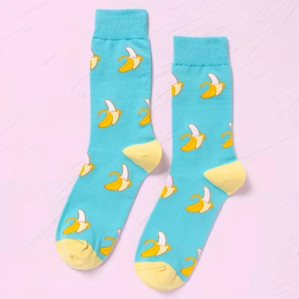 Banana Themed Crew Socks - Aqua/Yellow - Gender Neutral- OS - NWT